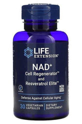Life Extension NAD+ Cell Regenerator and Resveratrol Elite dietary supplement, 30 vegetarian capsules for cellular health.